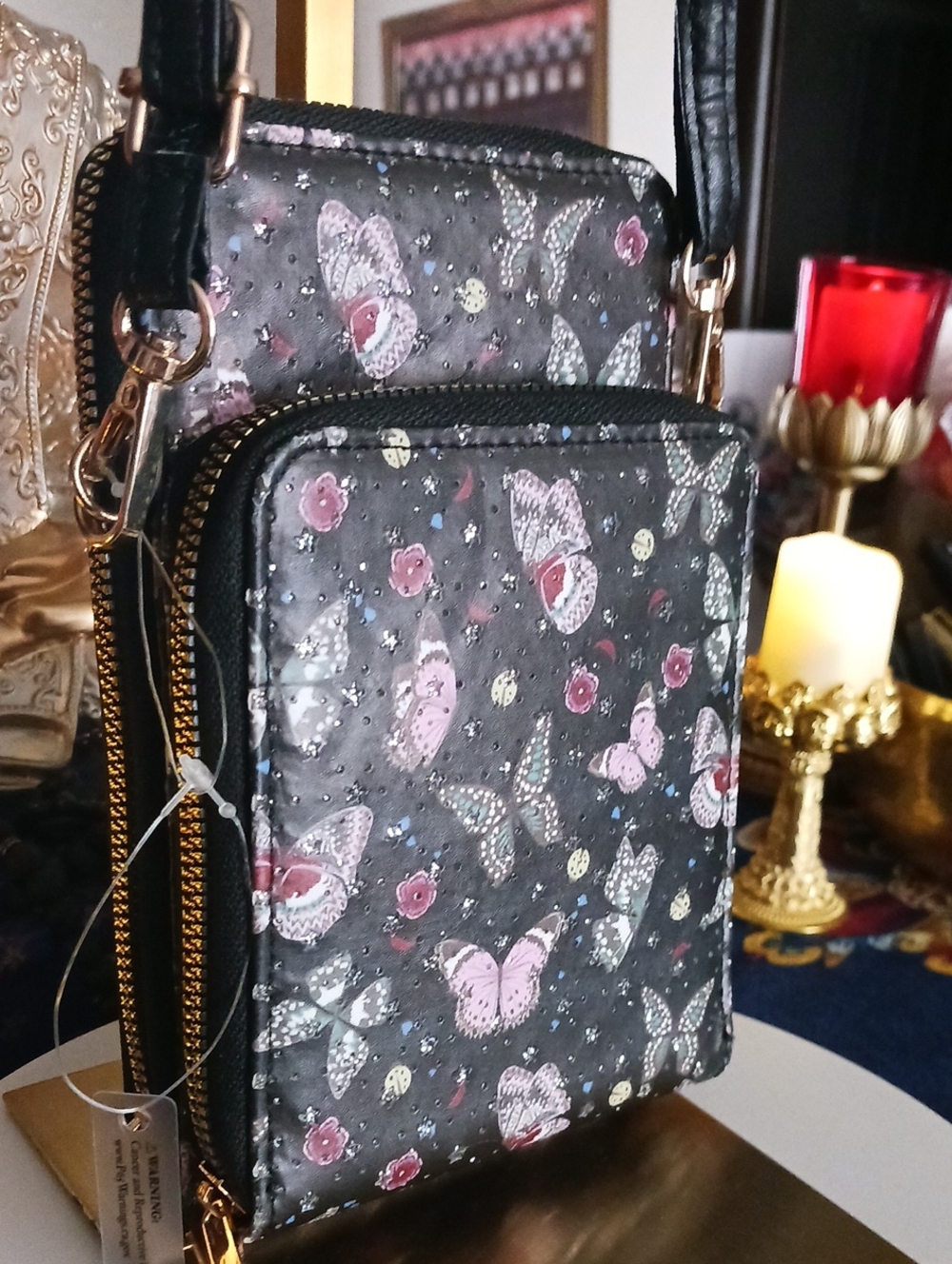 Black Butterfly Print Crossbody Phone Hokder & Wallet NWT - Picture 4 of 9